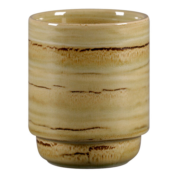 A brown and white RAK Porcelain mug with a handle.