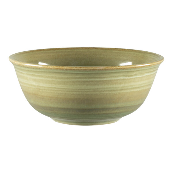 A close-up of a RAK Porcelain Emerald Porcelain Bowl with a brown rim.