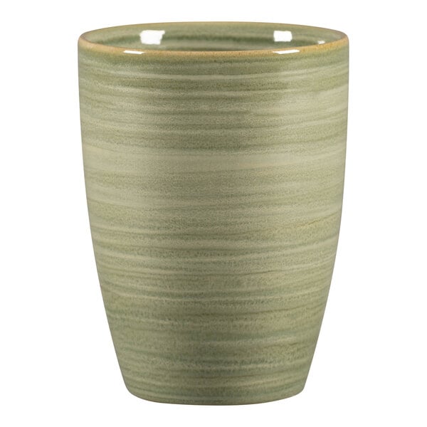A green RAK Porcelain mug with a stripe pattern.