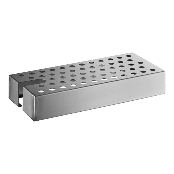 A metal rectangular strainer plate with holes.