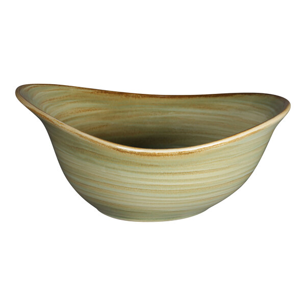 A close-up of a RAK Porcelain Emerald Organic Deep Porcelain Bowl with a brown and green curved edge.