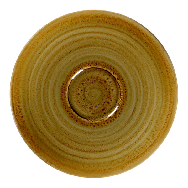 A brown RAK Porcelain saucer with a circular design in brown.