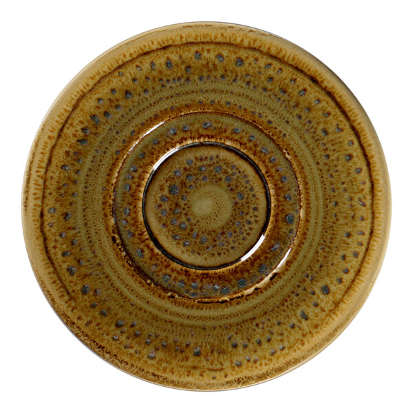A brown Rakstone porcelain coffee cup saucer with a circular pattern.