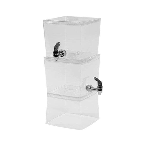 A clear plastic container with two silver faucets.