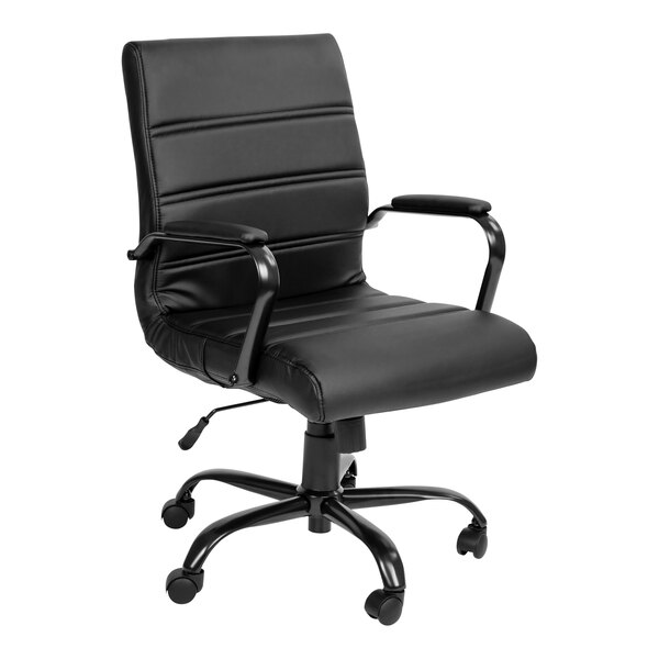 A Flash Furniture Whitney black leather mid-back office chair with arms and wheels.
