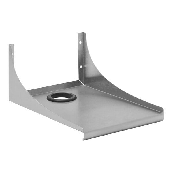 A white metal Eagle Group wall mounted label printer shelf with a hole in the middle.