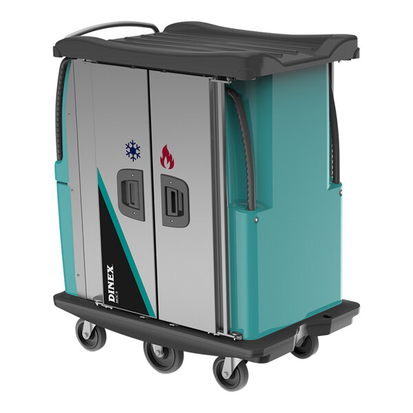 A blue and silver Dinex Meals On Command II meal delivery cart with wheels and a door.