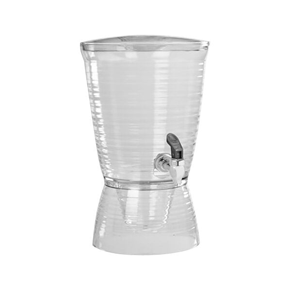 A clear plastic beverage dispenser with a tap.