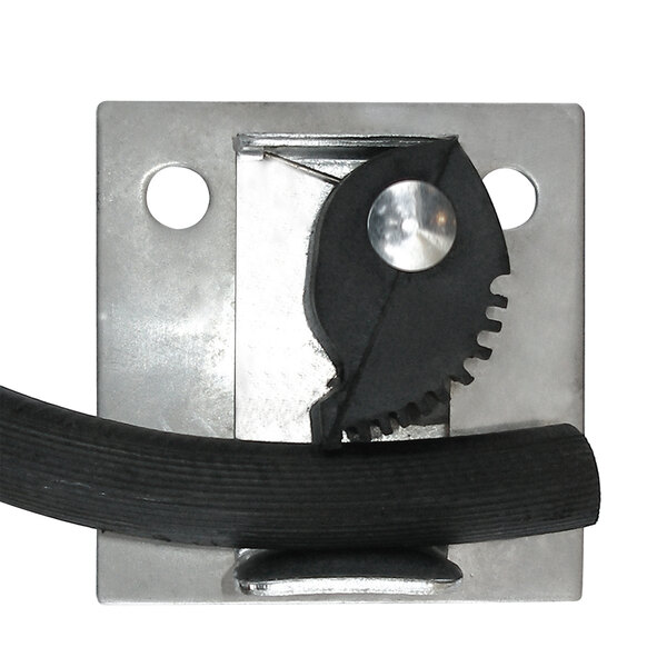 A metal hook with a black rubber handle and a black rubber gear on a metal plate.