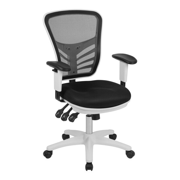 A black office chair with a white mesh back and white frame.