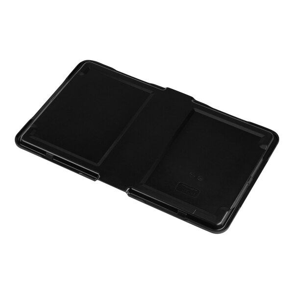 A black plastic case with a black cover and clip for 24 Dinex black antimicrobial patient trays.