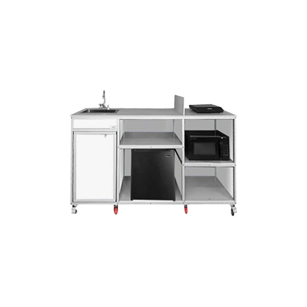 A white Monsam portable kitchen cart with a sink and microwave.