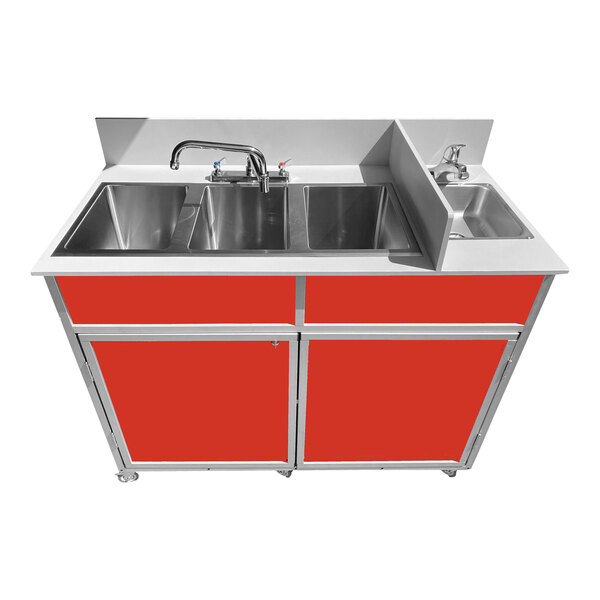 A red Monsam portable sink with four deep basins on wheels.