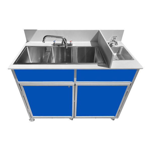 A blue Monsam portable sink with four deep basins.