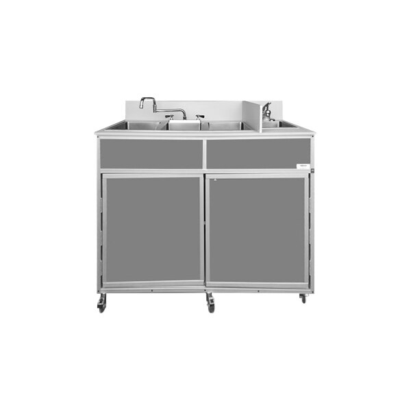 A Monsam gray portable self-contained sink with four basins and a faucet.