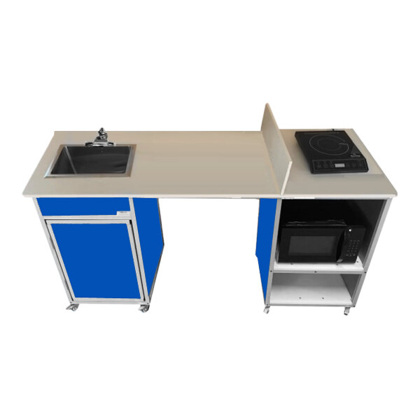 A blue Monsam portable kitchen with a sink and microwave.