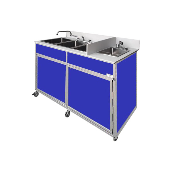 A blue and silver Monsam portable self-contained sink with four basins.