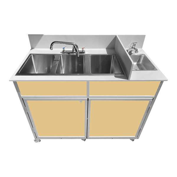 A Monsam maple portable sink with four deep basins and a faucet on wheels.