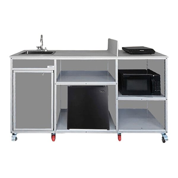 A gray kitchen cart with a self-contained sink and microwave.