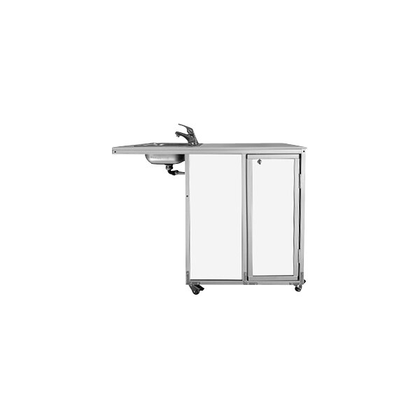 A white Monsam wheelchair accessible portable sink cabinet on wheels.