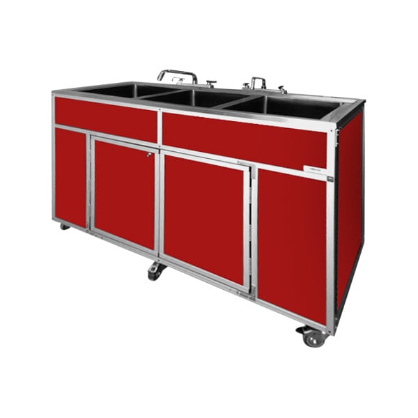 A red Monsam portable sink with three deep basins.