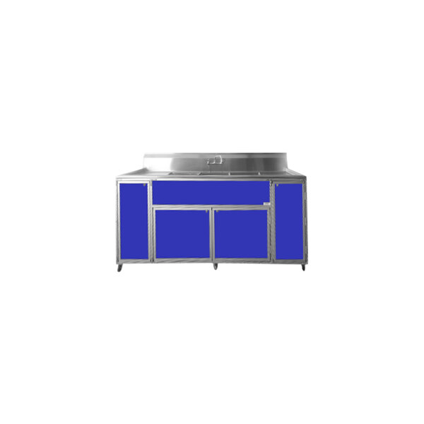 A blue Monsam portable sink with stainless steel basins on a blue counter with silver trim.
