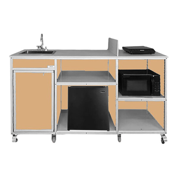 A Monsam maple portable kitchen island with a self-contained sink and microwave.