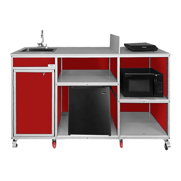 A red Monsam portable kitchen cart with a sink and microwave.