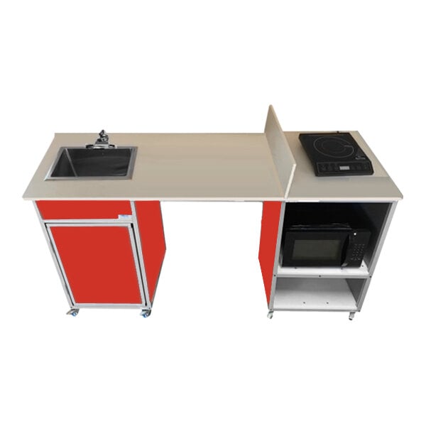 A red Monsam wheelchair accessible portable kitchen with a sink and stove.