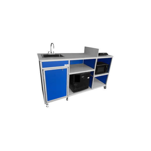 A blue Monsam portable kitchen with a self-contained sink.