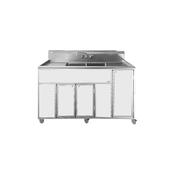 A white Monsam portable commercial sink with two stainless steel basins and two drainboards.