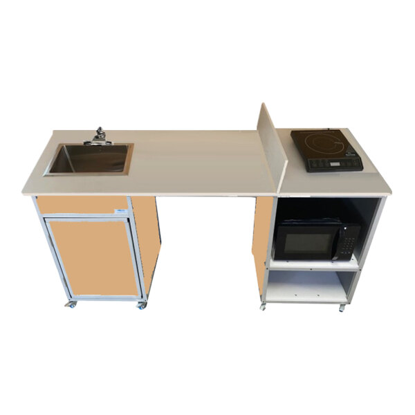 A Monsam wheelchair accessible portable kitchen table with a sink and microwave.