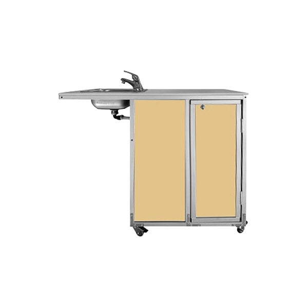 A Monsam Maple wheelchair accessible portable sink and cabinet on wheels with a faucet.