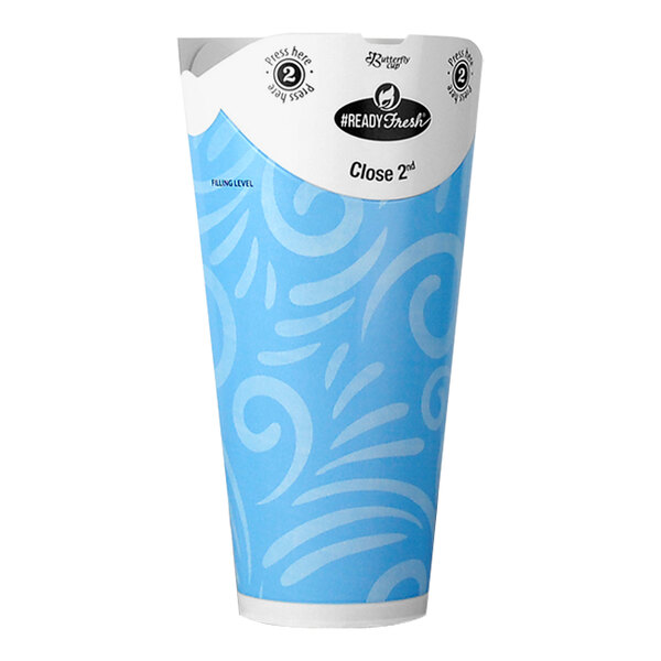 A blue paper cup with white butterfly and swirl designs.