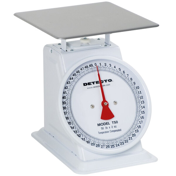 A white Cardinal Detecto portion scale with a metal top and base and a red dial.