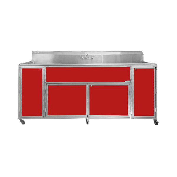 A stainless steel Monsam portable sink with red basins.