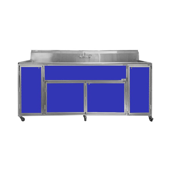 A stainless steel Monsam portable sink with blue cabinets.