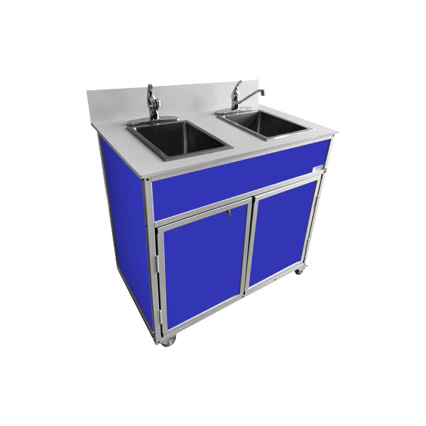 A blue and silver Monsam double basin portable sink.