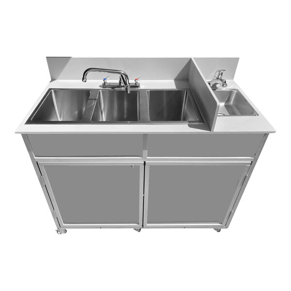 A gray Monsam portable commercial sink with four deep basins and a faucet.