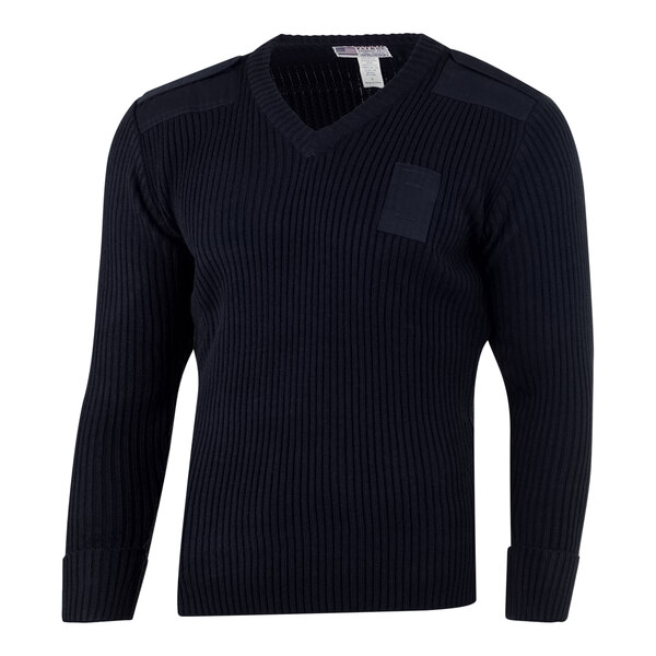 A black Henry Segal long sleeve sweater with a patch on it.