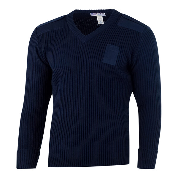 A navy Henry Segal Commando sweater with a white label and a patch on the front.
