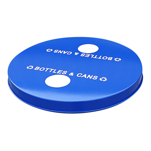 A blue metal lid with white text reading "Cans" and "Bottles" over two holes.