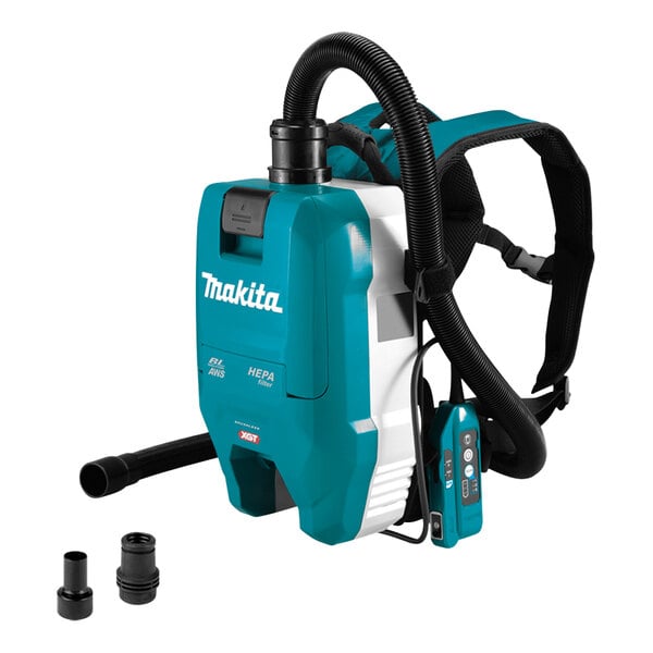 A blue and white Makita cordless backpack vacuum with HEPA filtration.