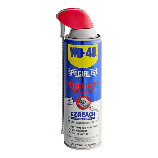 A can of WD-40 Specialist Fast-Acting Penetrant Spray with E-Z Reach Flexible Straw.