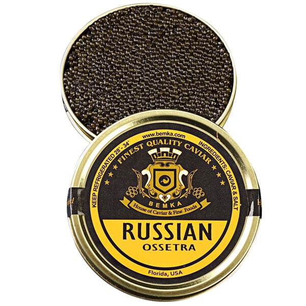 A round metal container of Bemka Classic Russian Ossetra Sturgeon Caviar with a black label.