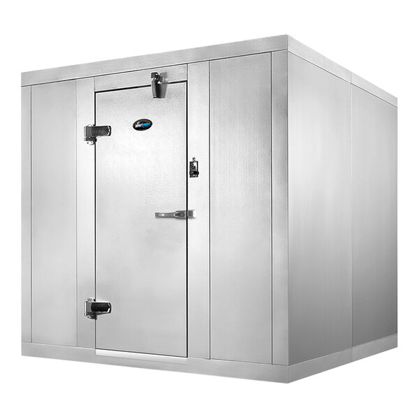 A large metal walk-in cooler box with a door open.