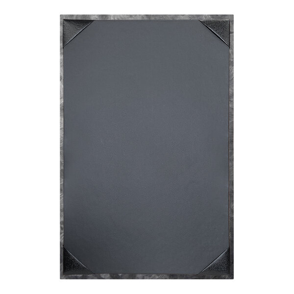 A grey rectangular menu cover with a steel brushed metallic border.