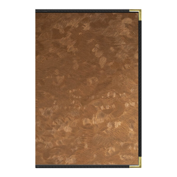 A brown and black brushed metallic menu cover with a black border.