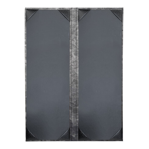 A black and grey steel menu cover with black corners on the panels.