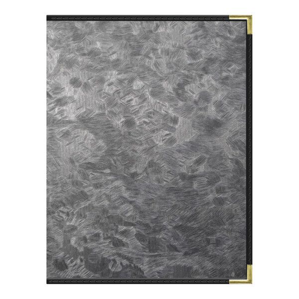 A brushed steel menu cover with a black border and black and gray metal accents.